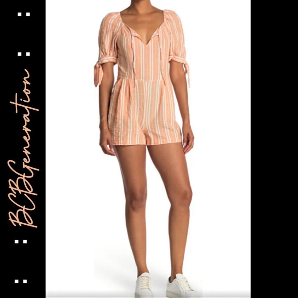 BCBGeneration Striped Keyhole Tie Cuff Romper